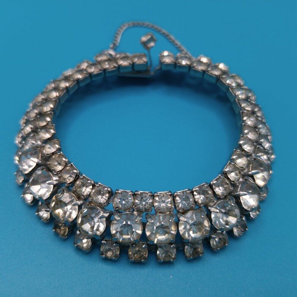 Vintage 1950s Clear Rhinestone Bracelet Rhodium Wedding Safety Chain